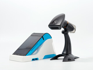 stylish portable cash register with stand GR code scanner on white background