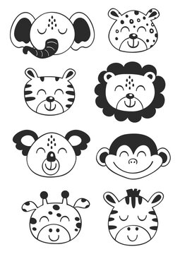 set of isolated tropical black animal faces
