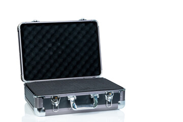 Opened new toolbox isolated on white background. Empty tool box with handle. Silver aluminium and...