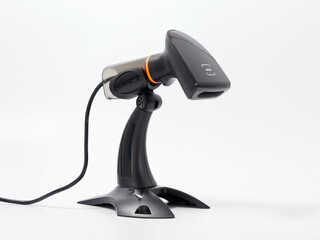 stylish portable cash register with stand GR code scanner on white background