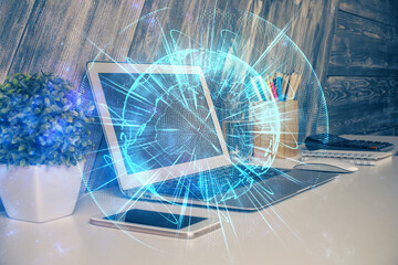 Multi exposure of business theme icons and table with computer background. Concept of success.