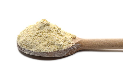 Chickpea flour pile with wooden spoon isolated on white background