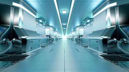 Realistic spaceship sci-fi corridor background, 3D render. © oatintro