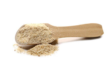 Bread crumbs pile with wooden spoon isolated on white background