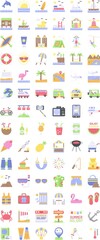 summer holidays related, water waves, location pin, sand, camera, light house, watermelon, cream, luggage, airplane, transport, tent, food, umbrella, beach, and slipper, vector in flat style,