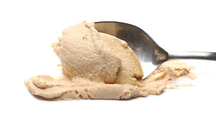 Tuna pate, fish paste spread with metal spoon isolated on white background