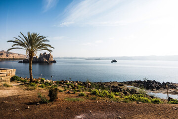 Temple of Isis on Agilkia island, moved from Philae island, Aswan, Egypt. Ancient, historic