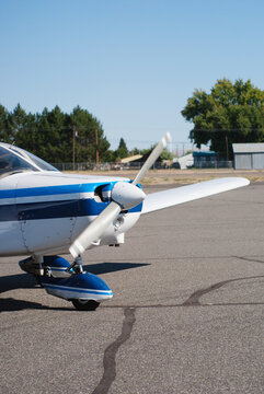 The propeller of a fixed wing aircraft ready to start