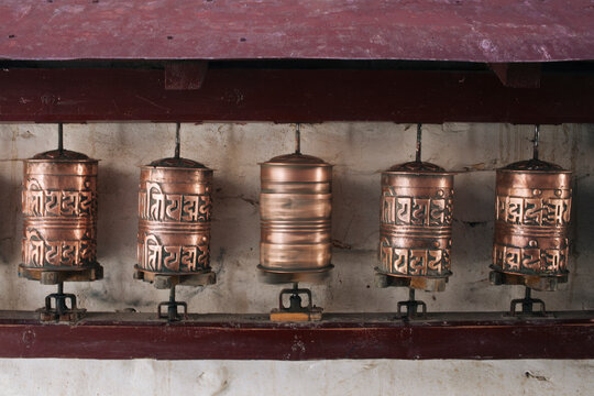 Prayer wheels in a gumba.