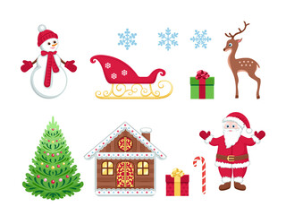 Collection of Christmas or New Year cartoon illustrations isolated on white. Vector snowman, snowflakes, sleigh, gift boxes, deer, christmas tree, hut, candy cane and santa claus.