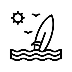 summer holiday related surfboard with sun, birds and water waves vector in lineal style,