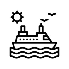 Obraz premium summer holiday related boat with sun, birds and water waves vector in lineal style,