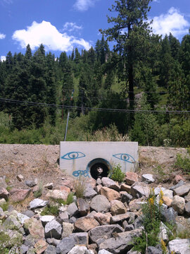 A face spray painted on a drainage pipe in the Sierras