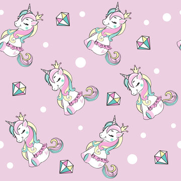 Beautiful unicorn in ballerina skirt and diamods seamless pattern on the pink background
