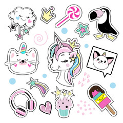 Fashion patch badges with unicorn, cat unicorn, toucan and girl items. Birthday collection