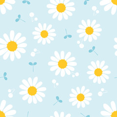 Seamless pattern with daisy flower and young leaves on a blue background vector illustration.