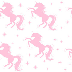 Fototapeta na wymiar Silhouette of a pink unicorn seamless pattern on a white background