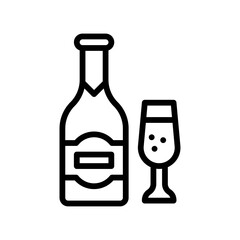 summer holiday related wine bottle with label and glass vector in lineal style,