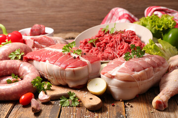 assorted of raw meats- sausage, roast beef, minced beef, chicken