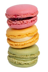 Pastries, desserts and sweets. Close-up of a yellow french vanilla macaroon, a yellow lemon macaroon and a a green pistachio macaroon isolated on a white background. Macro photograph.