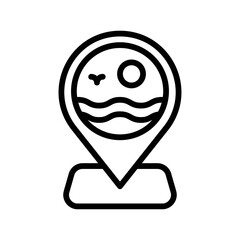summer holiday related location pin with sun, bird and water waves vector in lineal style,