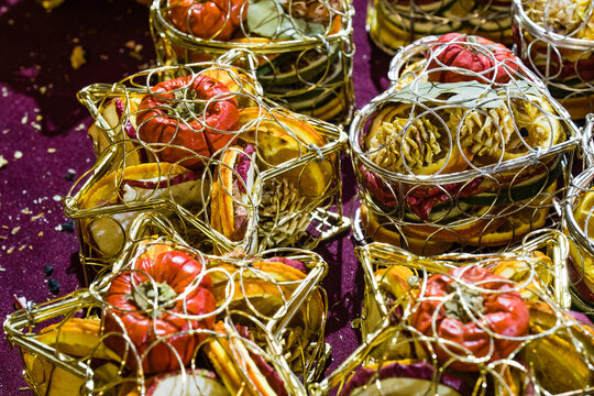 Dried fruit Christmas wreaths ( aka Christmas garlands ) on sale at Bath Christmas market.