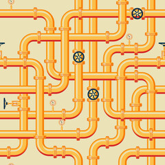 Intertwining golden pipes. Pipeline vector seamless pattern in flat style.