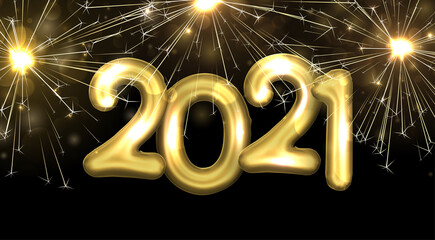 Golden foil balloon 2021 sign with sparkling fireworks.