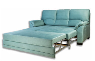 folding sofa and armchairs, soft and different colors on a white background isolated