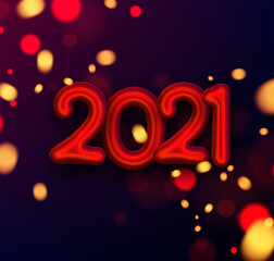 Red foil balloon 2021 sign on blurred background.