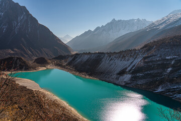 Beautiful landscape of Birendra lake view from the way to Manaslu base camp, Himalaya mountains range in Nepal