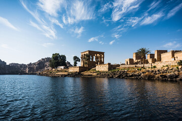 Temple of Isis on Agilkia island, moved from Philae island, Aswan, Egypt. Ancient, historic