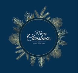 Merry Christmas greeting card with new years tree. Vector holiday illustration.