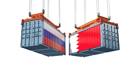 Freight containers with Bahrain and Russia flag. 3D Rendering 
