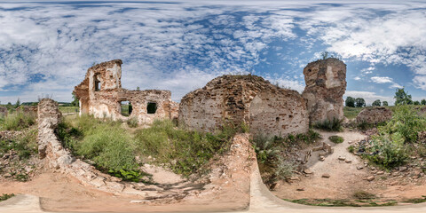 Fototapeta premium full seamless spherical hdri panorama 360 degrees angle view near brick wall of ruined castle or church in equirectangular projection with zenith and nadir, ready for VR virtual reality content