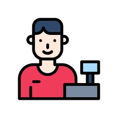 supper market or online shopping related seller boy with bill machine vector with editable stroke,