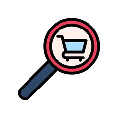 supper market or online shopping related magnifying glass with shopping trolly vector with editable stroke,