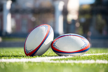Rugby ball on the grass next to the white line - obrazy, fototapety, plakaty