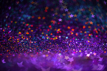 Festive bokeh lights background, abstract glowing backdrop with stars, modern design wallpaper with...