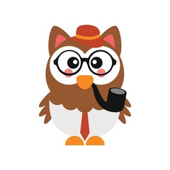 Cute owl with glasses and smoking pipe