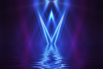 Abstract dark futuristic background. Neon rays of light are reflected from the water. Background of empty stage show, beach party. 3d illustration