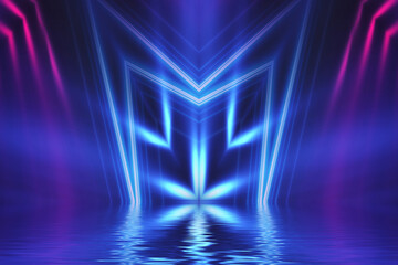 Obraz premium Abstract dark futuristic background. Neon rays of light are reflected from the water. Background of empty stage show, beach party. 3d illustration