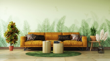 Tropical interior design of living room with a yellow sofa in the center and plants, 3d rendering