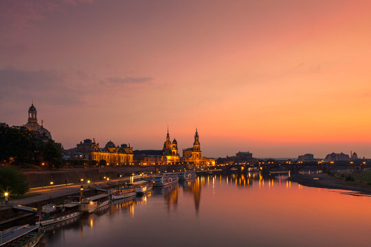 Dresden Skyline and the River Elbe at Twilight - Saxony, Germany