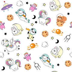 Cute animals in space on a white background seamless pattern. Llama, sloth, unicorn, bunny panda and space items for children