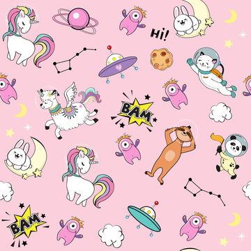 Cute animals in space on a pink background seamless pattern. Llama, sloth, unicorn and space items