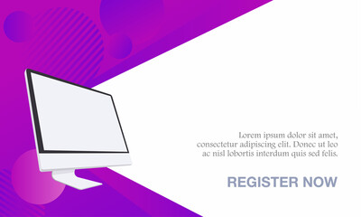 Vector illustration of a webinar with a computer. Suitable for online seminar banner poster templates, remote classes and online training courses. Background banner concept for webinar presentation.