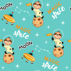 Cute sloth astronaut carries a flag and spaceship on a blue background seamless pattern © Lucky Project