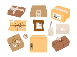 set of cardboard boxes. Package delivery box and eco friendly gift packaging with label sticker and thank you card collection. Flat vector illustration. Thanksgiving concept