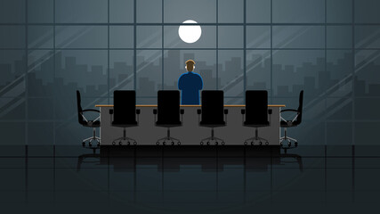 Vision concept. Businessman stand and thinking at the window of office building in meeting room at night. Alone in the dark and full moon light. Business lifestyle is work hard overtime and overwork. © kora_sun